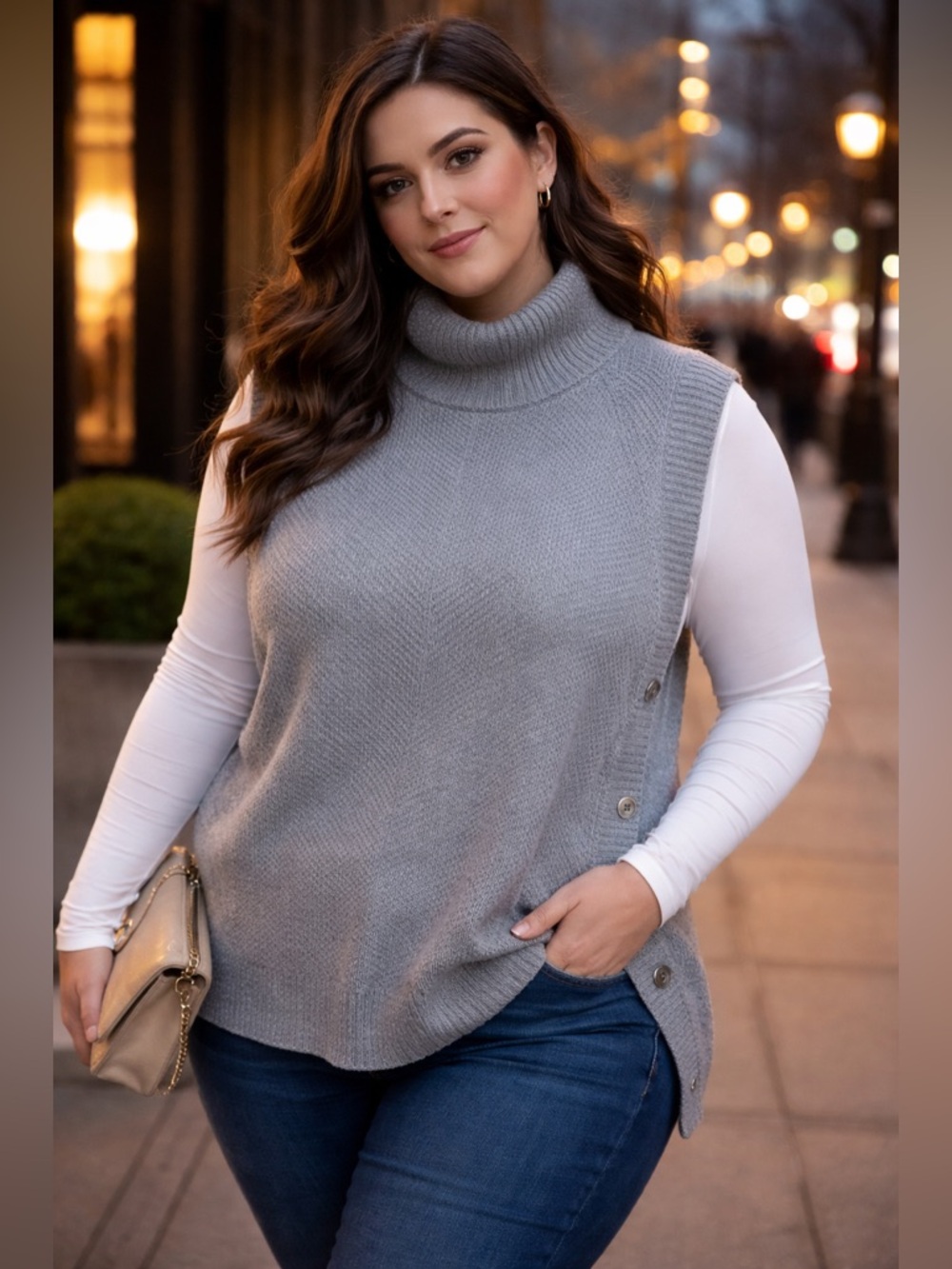 LOFT Gray Sleeveless Turtleneck Sweater Knit Buttons Tunic L Modern Minimalist